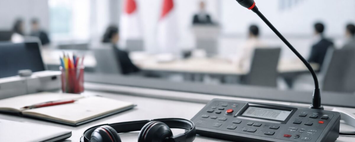 Workstation interpreting minimalis dengan headset dan konsol konferensi bernuansa abu-abu–merah, merepresentasikan porsi pasar interpreting global >16% dalam industri language services.