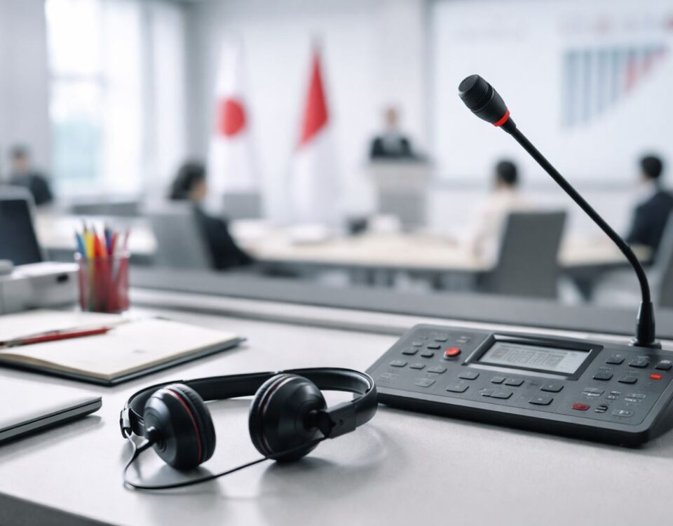 Workstation interpreting minimalis dengan headset dan konsol konferensi bernuansa abu-abu–merah, merepresentasikan porsi pasar interpreting global >16% dalam industri language services.