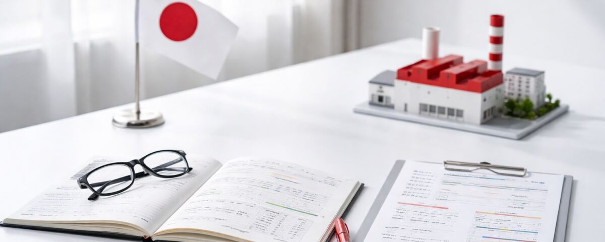 Ilustrasi meja kerja produksi minimalis untuk frasa jepang koordinasi produksi: catatan jadwal, lembar kontrol, pena merah, dan model pabrik dengan nuansa profesional.