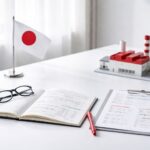 Ilustrasi meja kerja produksi minimalis untuk frasa jepang koordinasi produksi: catatan jadwal, lembar kontrol, pena merah, dan model pabrik dengan nuansa profesional.