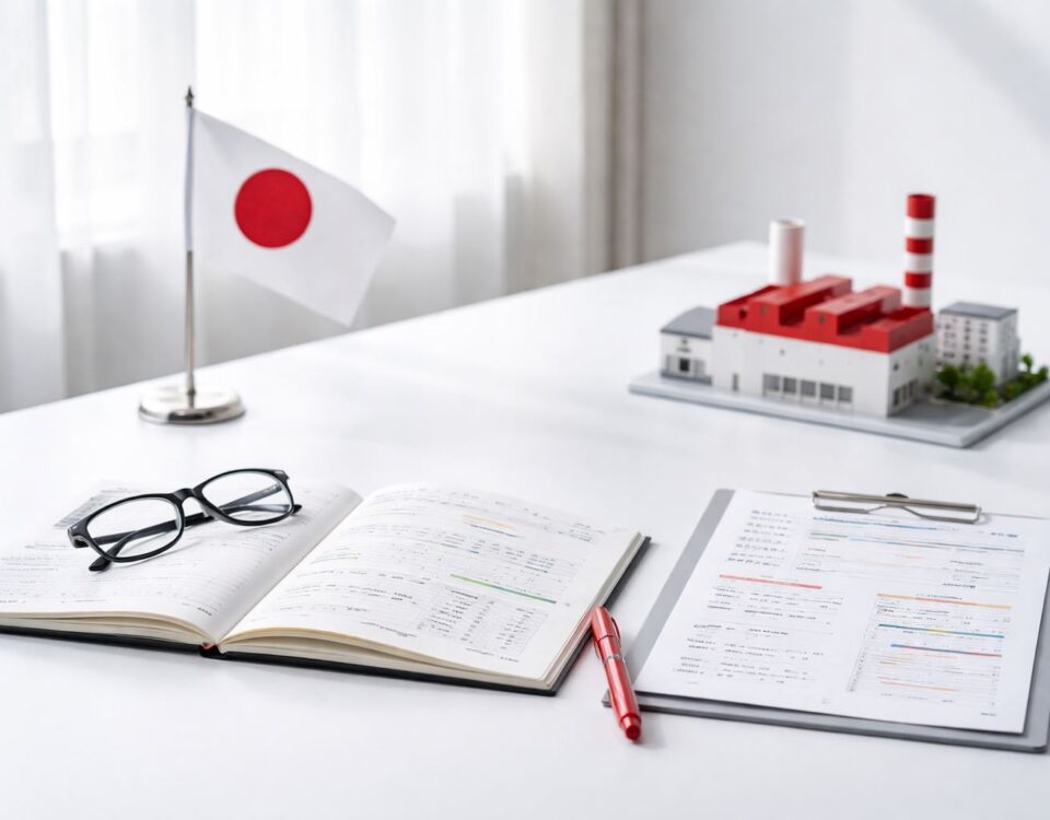 Ilustrasi meja kerja produksi minimalis untuk frasa jepang koordinasi produksi: catatan jadwal, lembar kontrol, pena merah, dan model pabrik dengan nuansa profesional.