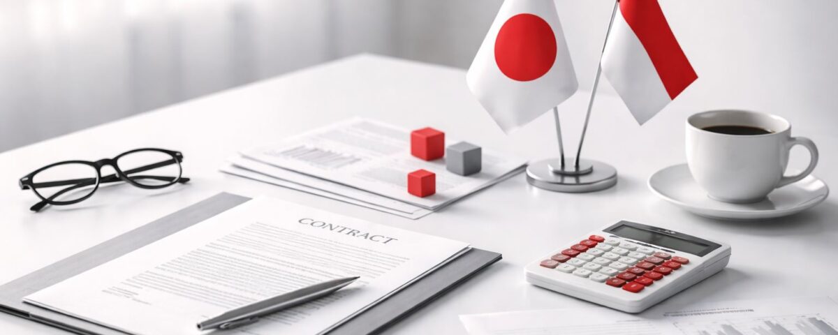 Negosiasi Jepang local procurement: meja kerja minimalis dengan dokumen kontrak, kalkulator, laporan grafik, dan aksen merah-abu untuk ilustrasi strategi pengadaan lokal.