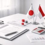 Negosiasi Jepang local procurement: meja kerja minimalis dengan dokumen kontrak, kalkulator, laporan grafik, dan aksen merah-abu untuk ilustrasi strategi pengadaan lokal.