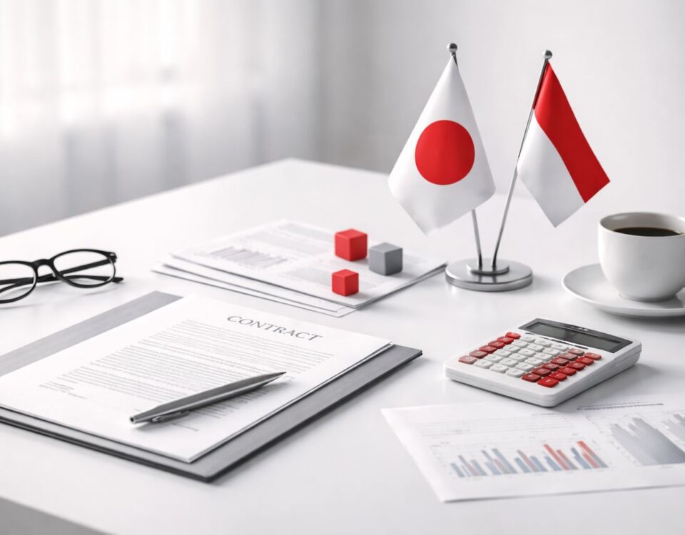 Negosiasi Jepang local procurement: meja kerja minimalis dengan dokumen kontrak, kalkulator, laporan grafik, dan aksen merah-abu untuk ilustrasi strategi pengadaan lokal.