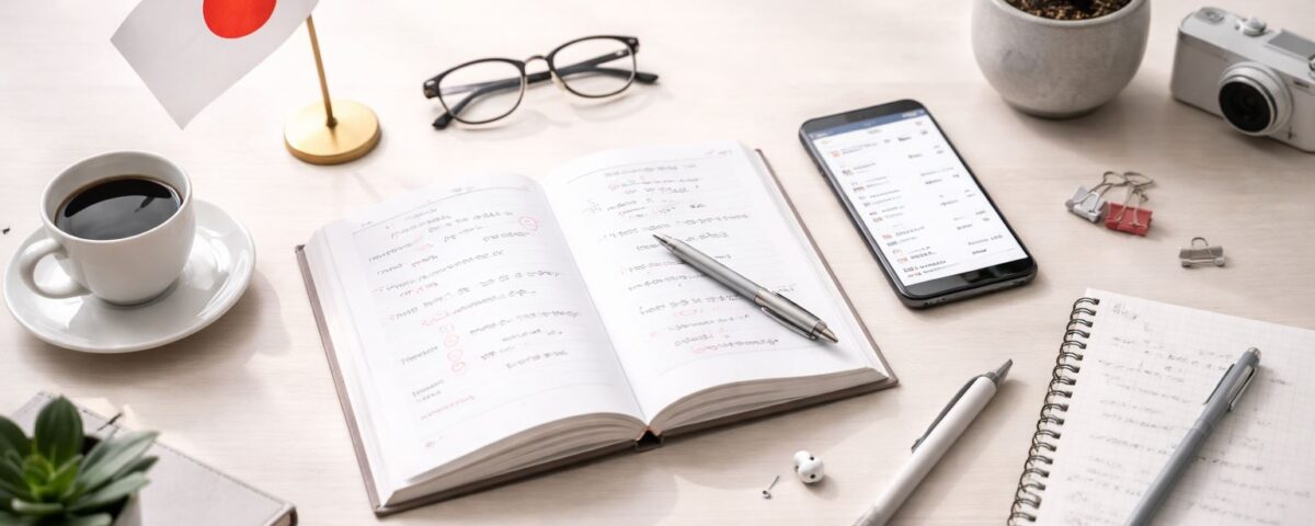 Meja belajar minimalis untuk wni di jepang 2024: buku latihan bahasa Jepang terbuka, pena aksen merah, dan nuansa abu-abu dengan pencahayaan lembut—ilustrasi fokus 12 kemampuan bahasa Jepang yang paling sering dipakai.