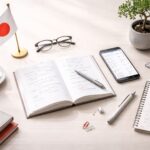 Meja belajar minimalis untuk wni di jepang 2024: buku latihan bahasa Jepang terbuka, pena aksen merah, dan nuansa abu-abu dengan pencahayaan lembut—ilustrasi fokus 12 kemampuan bahasa Jepang yang paling sering dipakai.