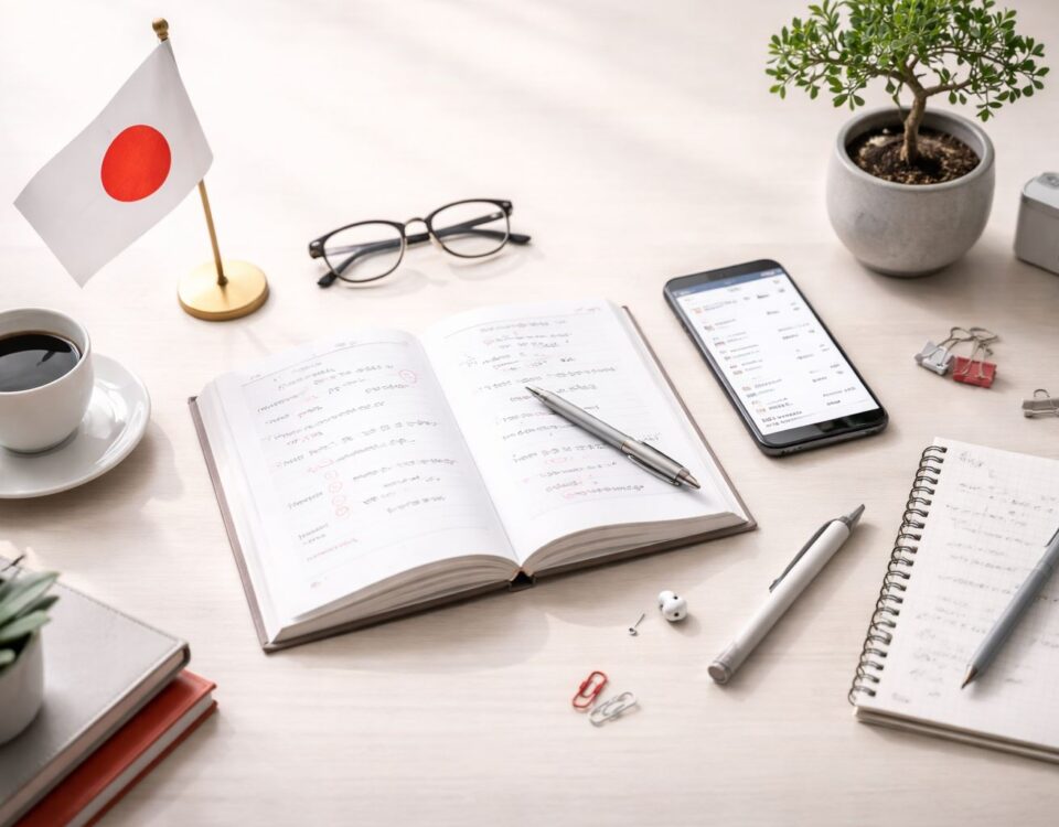 Meja belajar minimalis untuk wni di jepang 2024: buku latihan bahasa Jepang terbuka, pena aksen merah, dan nuansa abu-abu dengan pencahayaan lembut—ilustrasi fokus 12 kemampuan bahasa Jepang yang paling sering dipakai.