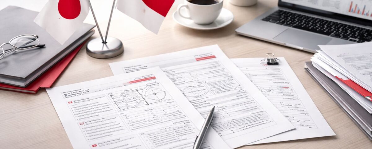 Workspace minimalis untuk penerjemahan dokumen industri Jepang Indonesia: berkas teknis, laptop, dan aksen merah–abu-abu dalam suasana profesional tanpa manusia.