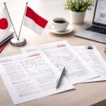 Workspace minimalis untuk penerjemahan dokumen industri Jepang Indonesia: berkas teknis, laptop, dan aksen merah–abu-abu dalam suasana profesional tanpa manusia.