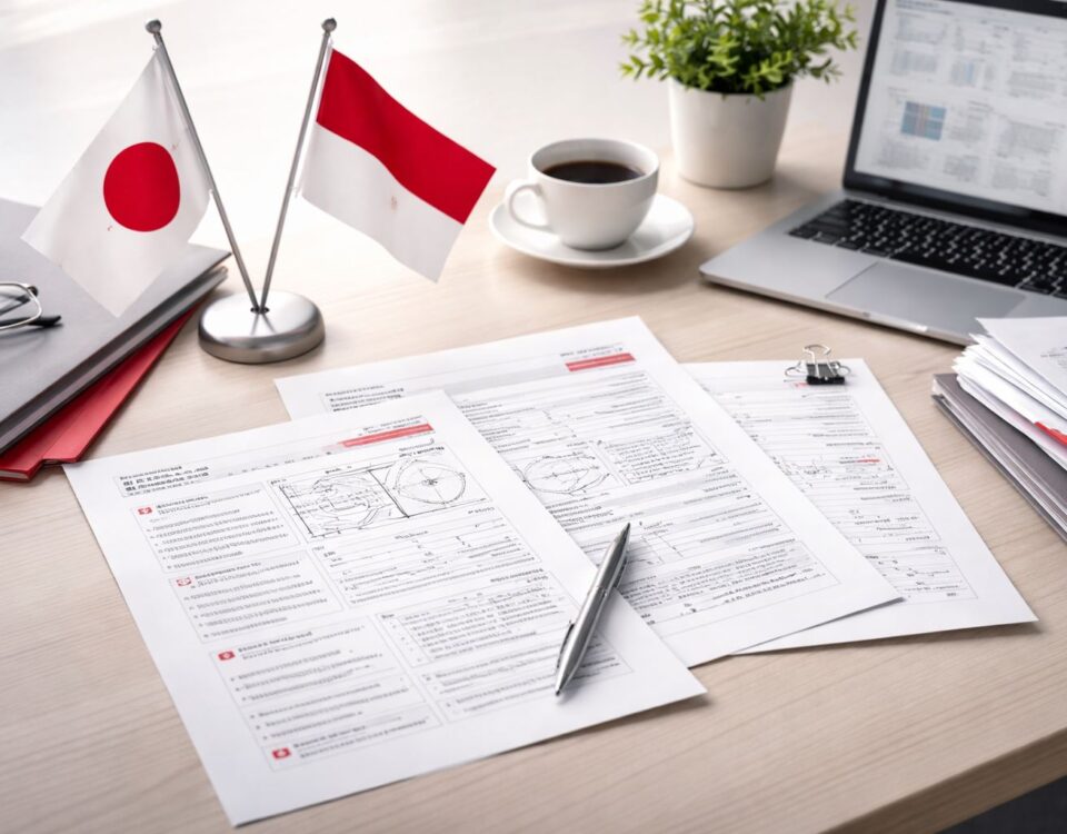 Workspace minimalis untuk penerjemahan dokumen industri Jepang Indonesia: berkas teknis, laptop, dan aksen merah–abu-abu dalam suasana profesional tanpa manusia.