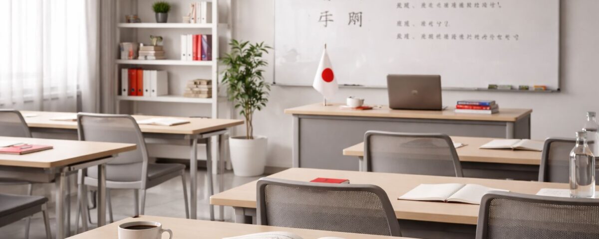 Ruang kelas minimalist untuk pelatihan bahasa jepang epa: meja belajar rapi, buku terbuka, notebook merah, kursi abu-abu, dan whiteboard pembelajaran.