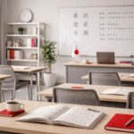 Ruang kelas minimalist untuk pelatihan bahasa jepang epa: meja belajar rapi, buku terbuka, notebook merah, kursi abu-abu, dan whiteboard pembelajaran.