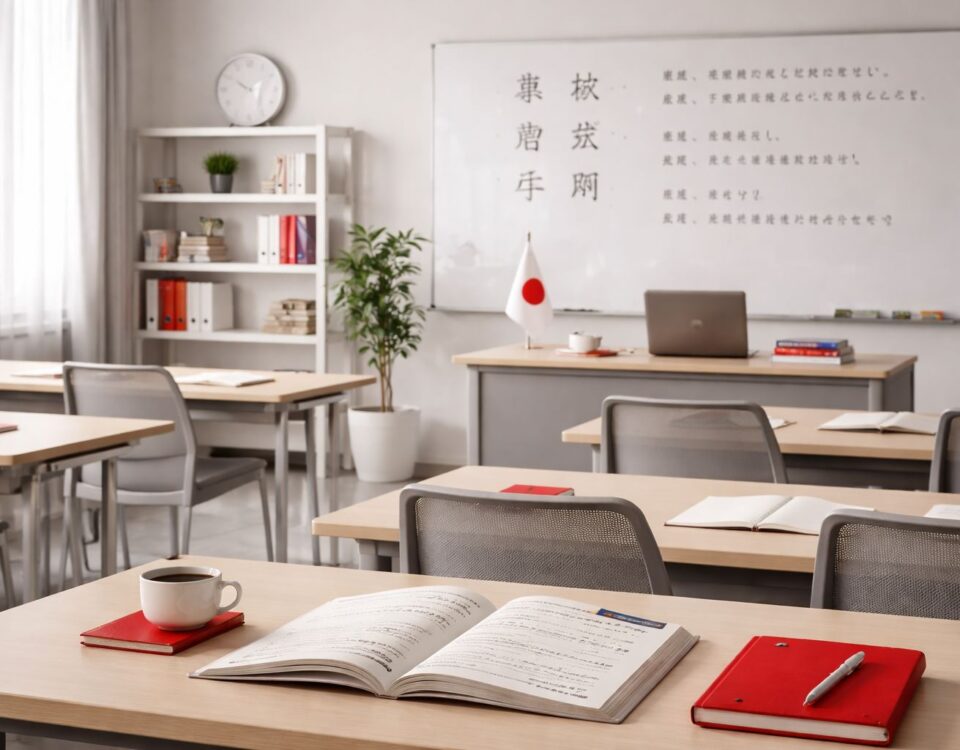 Ruang kelas minimalist untuk pelatihan bahasa jepang epa: meja belajar rapi, buku terbuka, notebook merah, kursi abu-abu, dan whiteboard pembelajaran.