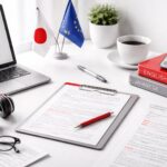Ilustrasi meja kerja minimalis untuk standar kualitas layanan bahasa: laptop, dokumen terjemahan, kamus Jepang–Inggris, serta aksen merah-abu yang menegaskan proses QA terjemahan profesional.