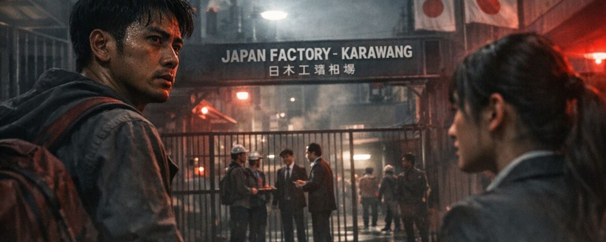 Pemuda Karawang menatap gerbang pabrik Jepang dengan penuh harapan sebelum memulai kursus bahasa Jepang dari nol