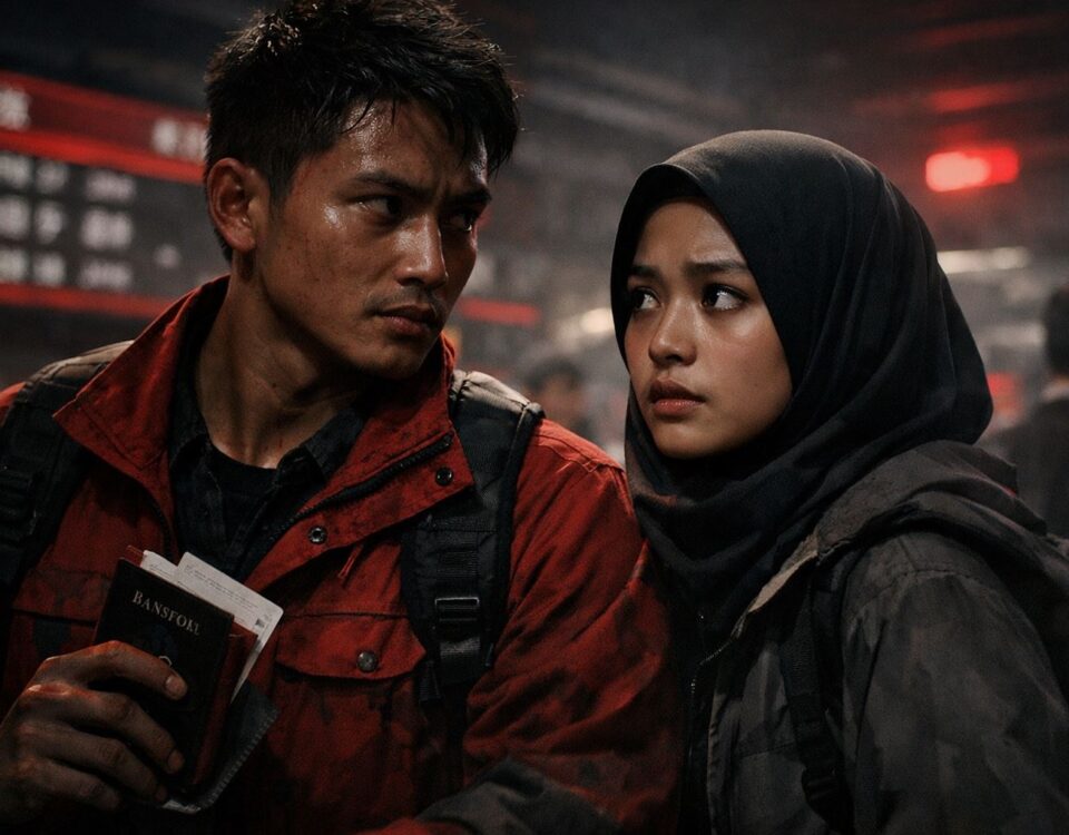 Ilustrasi calon pekerja Indonesia menatap peluang kerja resmi di Jepang melalui program Tokutei Ginou SSW dengan suasana dramatis penuh harapan.
