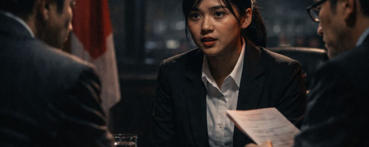 Kandidat muda menghadapi interview kerja Jepang dengan ekspresi tegang dan fokus di ruang wawancara formal