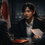 Kandidat muda menghadapi interview kerja Jepang dengan ekspresi tegang dan fokus di ruang wawancara formal