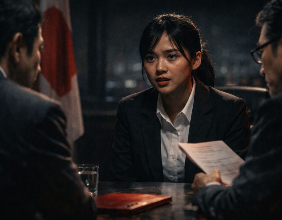 Kandidat muda menghadapi interview kerja Jepang dengan ekspresi tegang dan fokus di ruang wawancara formal