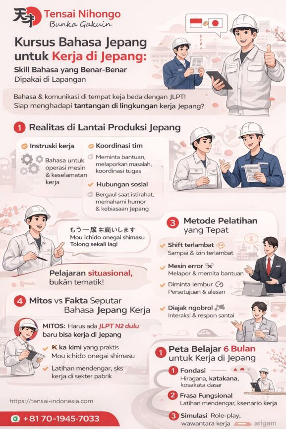 Infografis kursus bahasa Jepang untuk kerja di Jepang yang menampilkan skill komunikasi kerja, simulasi percakapan pabrik, dan peta belajar 6 bulan bagi calon pekerja Indonesia