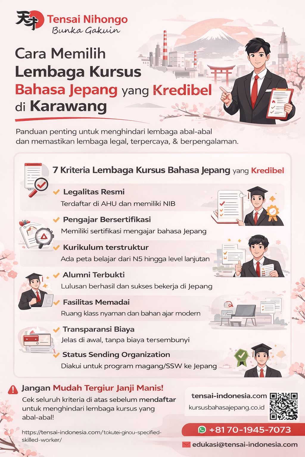 Infografis cara memilih lembaga kursus bahasa Jepang di Karawang yang kredibel dengan indikator legalitas, pengajar, dan program kerja Jepang