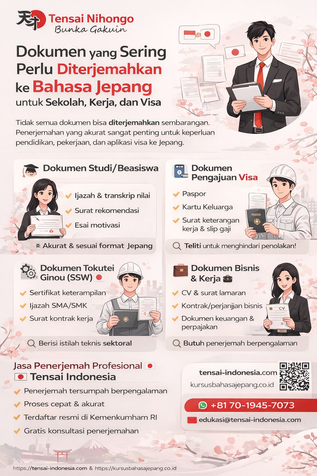 Infografis dokumen sering diterjemahkan bahasa Jepang untuk sekolah, kerja, dan visa dengan panduan lengkap jenis dokumen dan layanan Tensai Indonesia